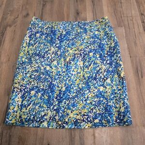 Merona Skirt Women 10 Blue Yellow Graphic A-Line Knee Length Stretch Extensible